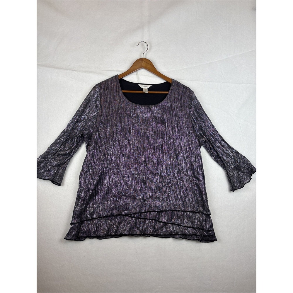 CJ Banks Silver Black Metallic Tiered Front Top 1X 3/4 Bell Sleeve Party Blouse